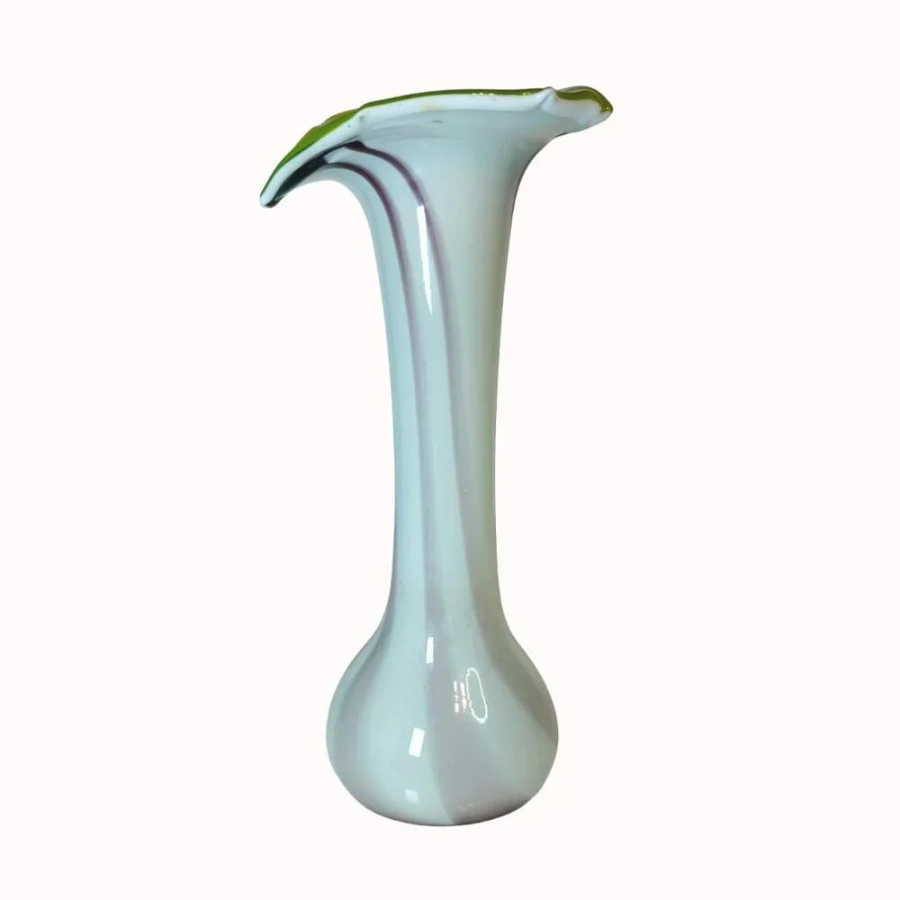 Vintage Jack-In-The-Pulpit Hand-Blown Art Glass Vase With Green Rim & Swirled De